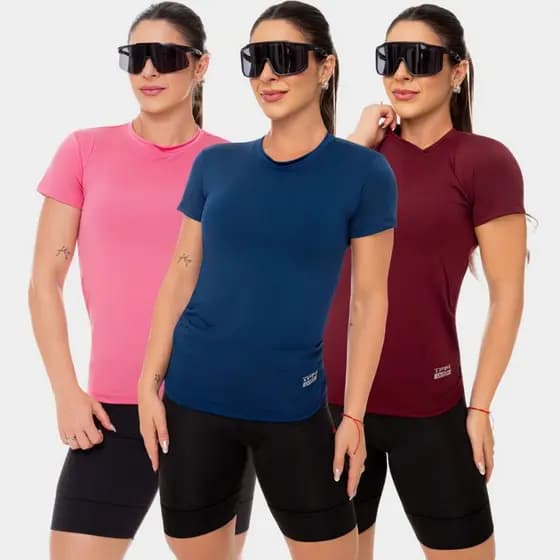 Combo 3 Camisa Camiseta Dry Fit Feminina Manga Curta Academia Treino Esportiva Corrida Uv Rosa Azul Marinho Vinho