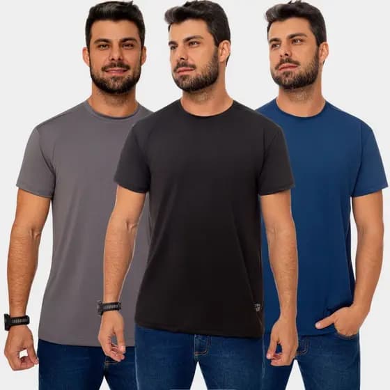 Combo 3 Camiseta Blusa Dry Fit Masculina Manga Curta Academia Treino Esportiva Corrida Uv Preto Cinza Azul Marinho