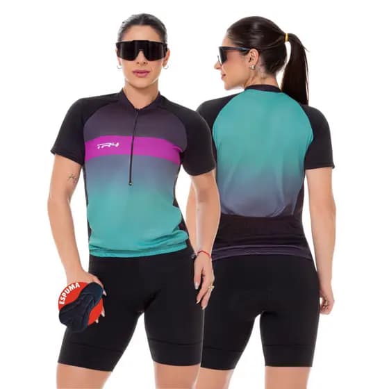 Conjunto Ciclismo Kit Camisa Fúcsia Camiseta e Bermuda Short Forro Espuma Feminino Bike Pedal Mtb
