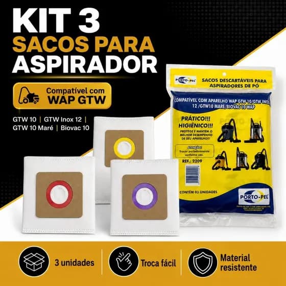 Saco De Aspirador De Pó Wap Gtw10 Gtw12 Biovac 10 Kit 3 Unidades