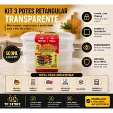 Kit Pote Retangular Raso 500 Ml Com 3 Unidades Para Alimento