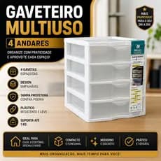 Gaveteiro Plástico Organizador Multiuso 4 Andares Preto ou Branco
