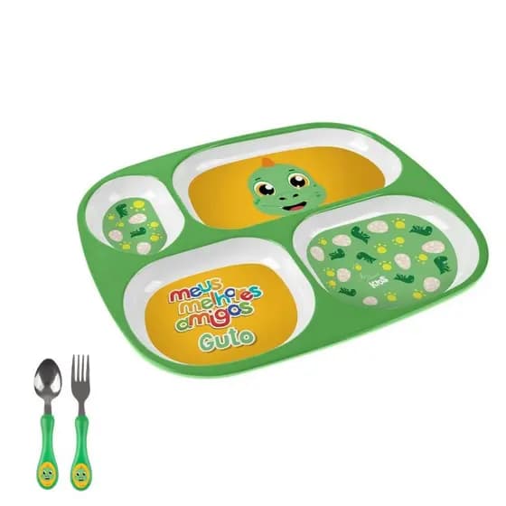 Prato Infantil Divisórias Bebê + Colher e Garfo Kit Alimentação Infantil