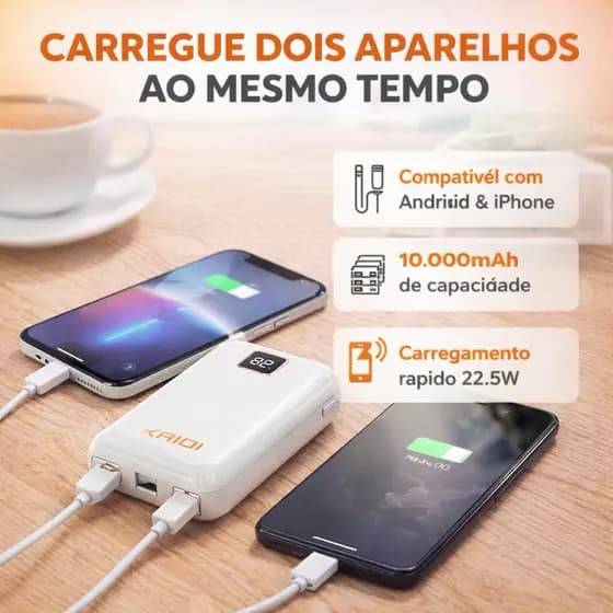 Power Bank KAIDI 10.000mAh 22.5W Turbo | Carregamento Rápido PD 20W | Cabos Embutidos Type-C e Lightning | Digital
