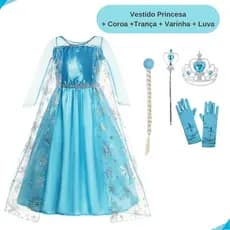 Vestido Infantil Princesa Elza Fantasia + Acessorios Coroa Trança Varinha Luva