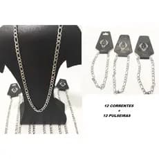 Atacado 12 Correntes Cordões + 12 Pulseiras Masculinos Aço Inox Modelo 3x1 Barato