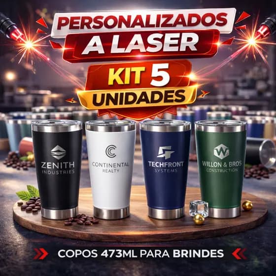 Kit 5 Copos Térmicos 473ml Personalizados a Laser Inox com Tampa Bebidas Quentes e Frias