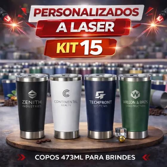 Kit 15 Copos Térmicos 473ml Inox Personalizados | Com Tampa e Abridor, Gravação a Laser