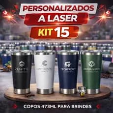 Kit 15 Copos Térmicos 473ml Inox Personalizados | Com Tampa e Abridor, Gravação a Laser
