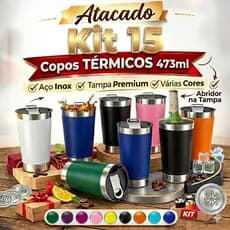 Kit 15 Copos Térmicos 473ml Inox – Lisos sem Personalização, Mesma Cor Escolhida, Tampa e Abridor