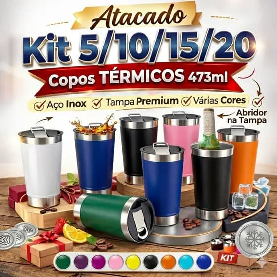 Kit 5, 10, 15 ou 20 Copos Térmicos 473ml Inox com Tampa e Abridor | LISOS para Personalização Laser