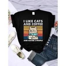 Camiseta Básica Algodão Feminina Amo Gatos E Café Gatinho Engraçado