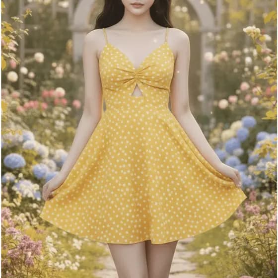 vestido amarelo poa laço alcinha kawaii coquette cottagecore soft girl curto rodado romantico floral