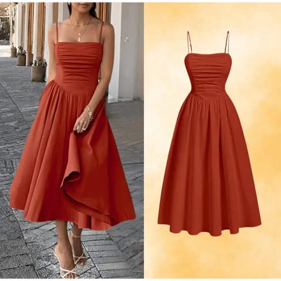 vestido midi terracota acinturado elegante retro camponesa evasê corpete corset sofisticado terroso