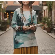 blusa manga longa oversized estampa natureza paisagem aquarela artesanal mística cottagecore boho