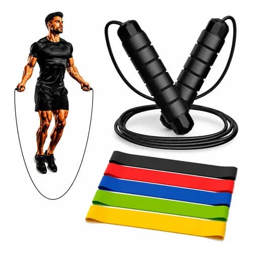 Corda De Pular Ajustável + Kit 5 Mini Bands Fitness