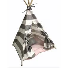 Toca cabana tenda casinha cama pet cães e gatos P cinza listrado com rosa