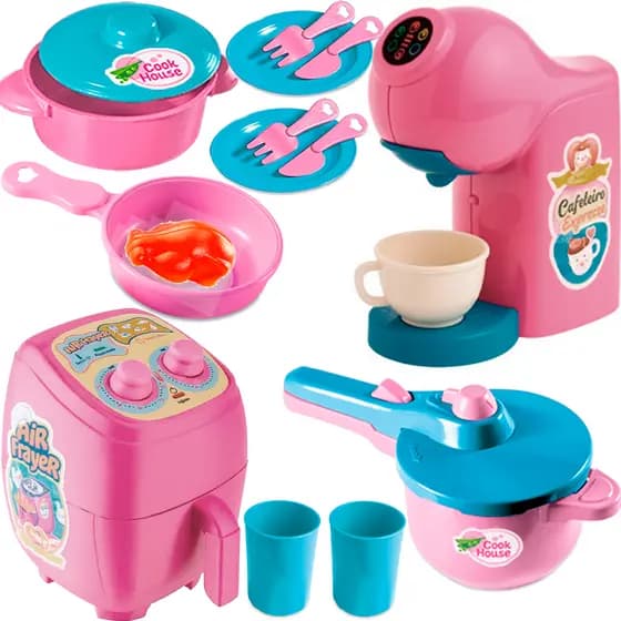 Kit com 17 peças infantil faz de contas cafeteira airfryer brinquedo