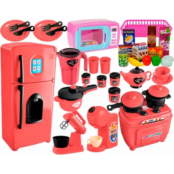 Conjunto Cozinha Completa 32 Peças Faz De Conta Infantil  Geladeira Fogão Comidas Eletrodomésticos