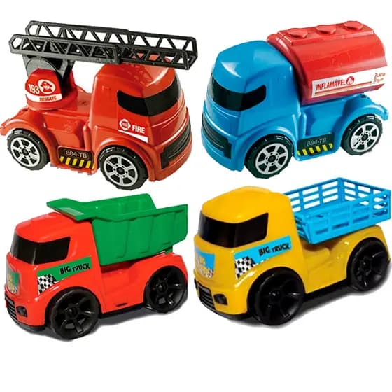 Kit com 4 Caminhões Bombeiro escada, Caçamba, Carroceria e Tanque Menino e Menina