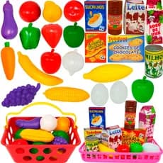 Kit Comidinhas de Brinquedo Cestinha de Frutas e Legumes + Mini Mercadinho