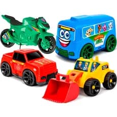 Kit C/ 4 VEÍCULOS ONIBUS CARRO BOMBEIRO MOTO SPEED TRATOR BRINQUEDO DE PLASTICO