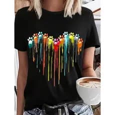 Camiseta De Manga Curta Com Decote Redondo Com Estampa De Patinha De Cachorro Em Forma De Coração Para Look Casual