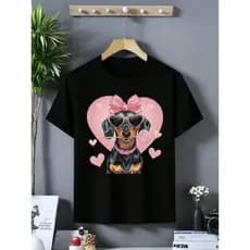 Camiseta Casual Infantil Colorida Estilo  Adequado Para Meninas Algodão Estampa De Salsicha Com Oculos