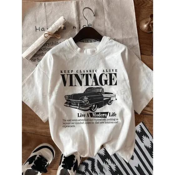 Camiseta Feminina Adulto Estilo Casual De Manga Curta Com Gola Redonda Com Estampa Personalizada De Carro Vintage