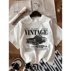 Camiseta Feminina Adulto Estilo Casual De Manga Curta Com Gola Redonda Com Estampa Personalizada De Carro Vintage