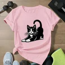 Camiseta Básica Feminina Casual  Cotidiano Adequado Para Mulheres Adulto Caimento Oversized Para Mulheres Estampa Gato