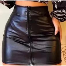 Saia Feminina De Couro Fake Tecido Cirre Saia Preta com Ziper P ao G3