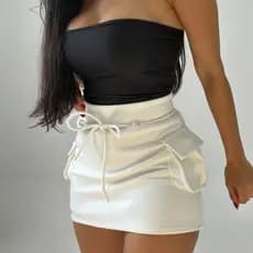 Short Saia Neoprene Cargo com Bolso Feminino Cintura Alta Não Transparente P M G GG