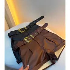 SHORT Balada Rodeio Brilho Preto Slim Couro Fake Courino com Cinto Fivela