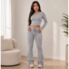 Conjunto Blogueira Cropped Costas Nuas Calça Flare Suplex Elasticidade Feminino