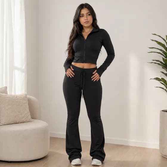 Conjunto Gringa Cropped Manga Longa Zíper Calça Flare Blogueira Boca sino Larga Suplex Elasticidade