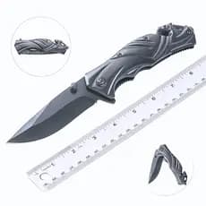 Canivete Dobrável Tático L00216B Preto 16cm, Aço Inox, Clip de Bolso, Quebra Vidro, Trava