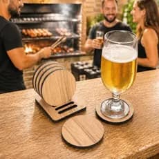 Bolacha Porta Copo Madeira Kit com 6 Peças Mais a Base, Porta Copo de Mesa, Descanso de Copo
