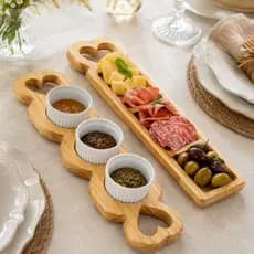 Petisqueira de Madeira Kit Petisqueira para Molhos com Trio de Ramequin de Porcelana Branca