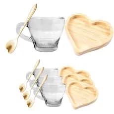 Kit Pires Coração + Xícaras Cafezinho + Colherzinha Dourada Rosê 12pç no Total