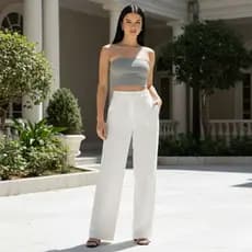 Calça Feminina Com Elástico Tecido Duna Moda Social Soltinha Pantalona Cintura Alta Casual