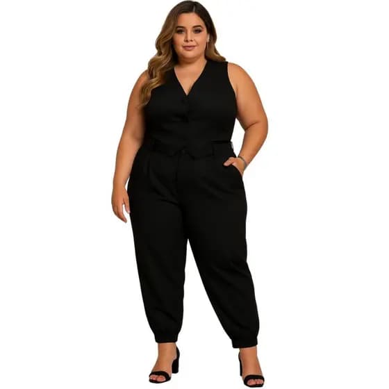 Calça Feminina Plus Size Look Feminino Casual Social + Colete Corselet Gola V Conjunto Alfaiataria