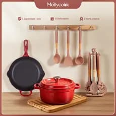 Mollycook Kit 9 Peças Panela Ferro Esmaltado Caçarola/Frigideira Para Todos os Fogões Com Utensílios de Silicone
