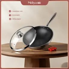 Frigideira Wok  Aço Inox 18/10 Antiaderente 32CM 5L Mollycook Cinza Panela Wok Fogão Indução Gás