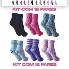 Kit 12 - 6 -3 Pares de Meia Feminina Cano Longo Sortidas 35-40 Feminina Adulto Juvenil Tamanho Único