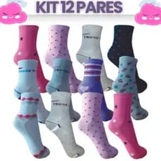 Kit 12 Meias Adulto Feminino Cano Médio Meia Feminina Sortidas Coloridas Tamanho Único
