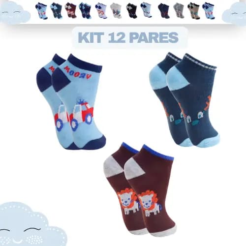 Kit com 12 Pares Meia Infantil Menino Estampada, Estampas Sortidas Cano Longo Frete Gratis