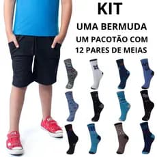 Kit Bermuda Infantil + 12 Pares de Meias Cano médio