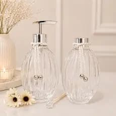 Kit Aromatizador/Porta Sabonete Líquido Vidro Gomos Transparente, Porta Sabonete e Difusor Luxo Prata com Varetas 300ml