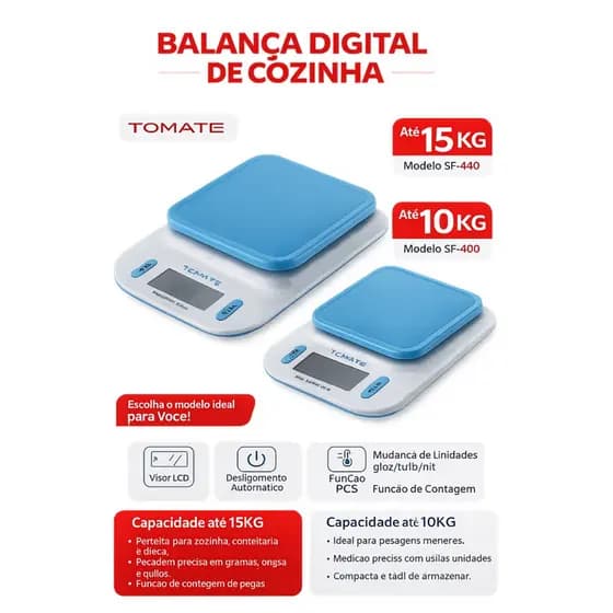 Balança Digital de Cozinha 10KG 15KG LCD Alta Precisão Função Tara e PCS